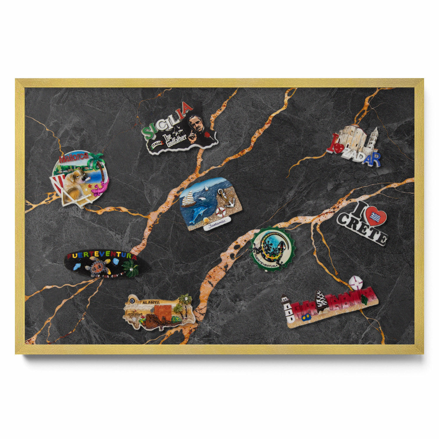 MAGNETTAFEL 60x40 cm Goldener Rahmen Verzierte Dunkle Marmoroptik - Schwarz Hochglanz, Metall (60/50/0.4cm) - TULUP
