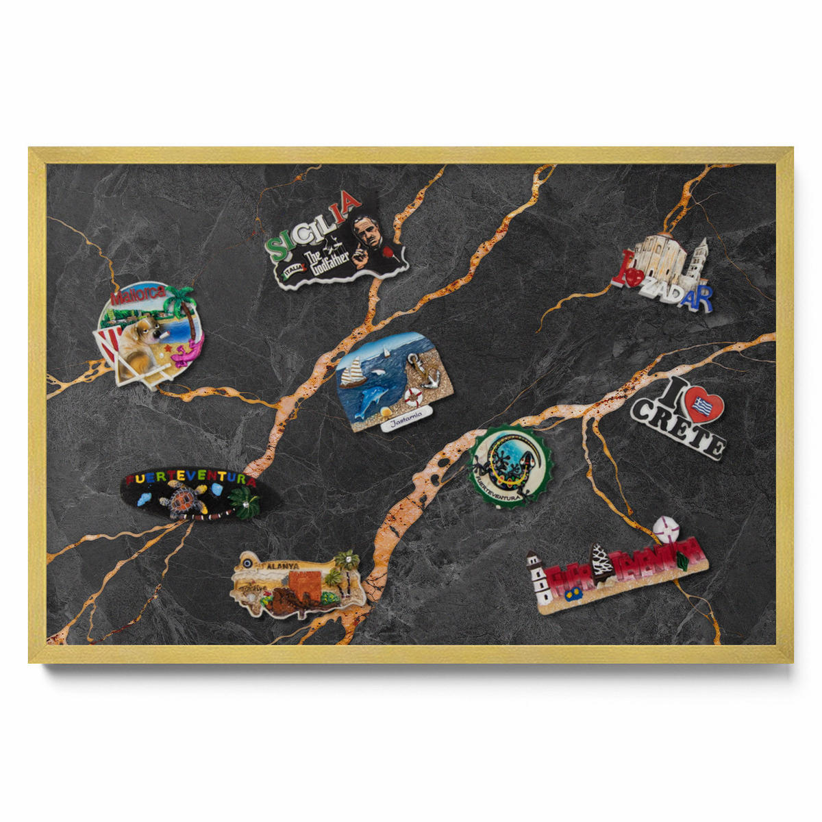 MAGNETTAFEL 60x40 cm Goldener Rahmen Verzierte Dunkle Marmoroptik - Schwarz Hochglanz, Metall (60/50/0.4cm) - TULUP