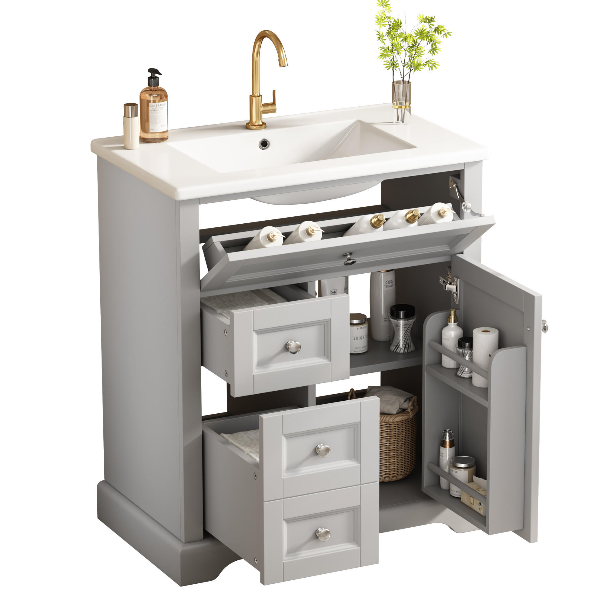 BADEZIMMERSCHRANK mit Waschbecken aus MDF und Keramik 76x46x87 cm Grau freistehend mit Stauraum - Grau, Keramik (76/87/46cm) - Modfu