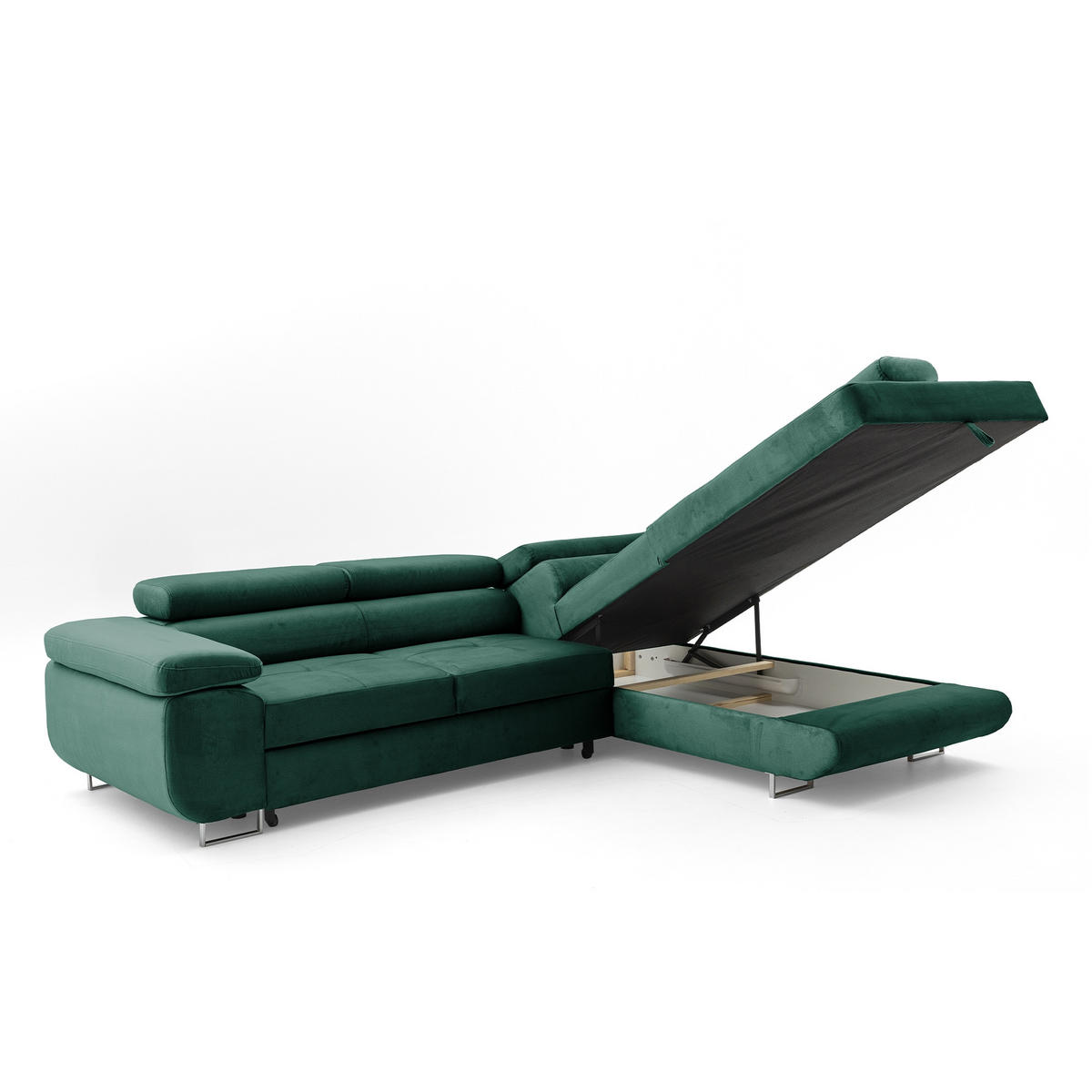 ECKSOFA WILD L Rechts mit Schlaffunktion 127x195 Velours Dunkelgrün - Chromfarben/Dunkelgrün, Holz/Textil (274/203cm) - Muffo