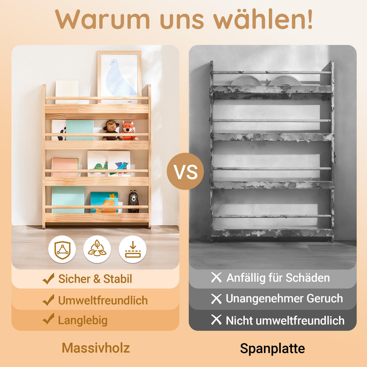 BÜCHERREGAL für Kinder mit 4 Ablagen, Kiefer - Naturfarben, Holz (60/80/12cm) - SoBuy