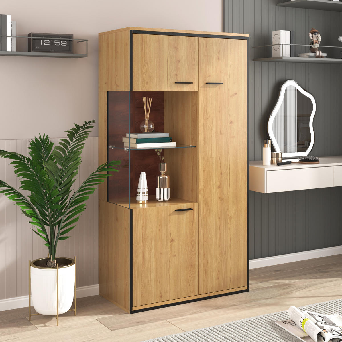 VITRINE 40/77,5/150 cm naturfarben aus MDF mit Glastür und LED - Naturfarben, Holzwerkstoff (77.5/150/40cm) - OKWISH