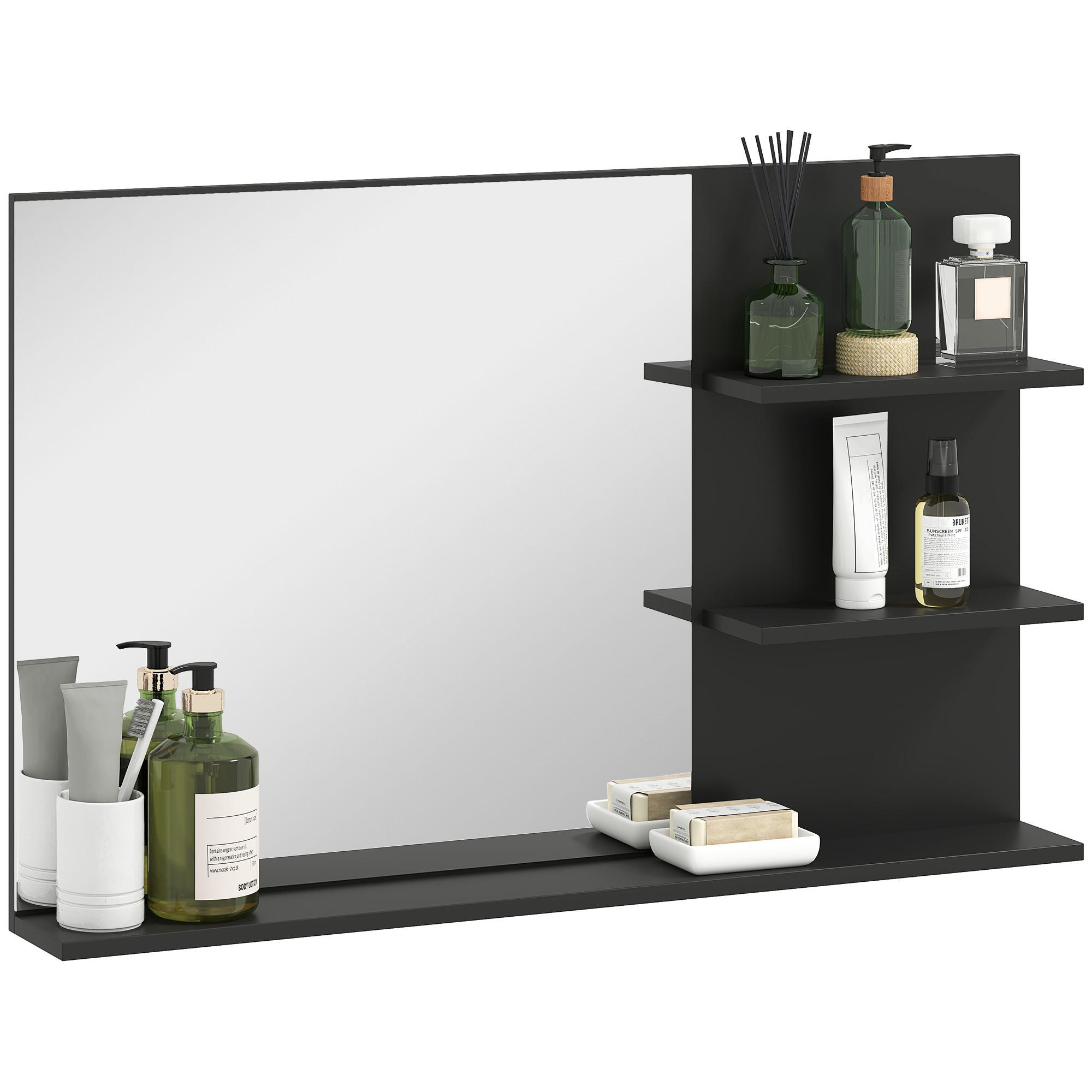 BADSPIEGEL mit zwei seitlichen Ablagen und einer unteren Ablage,, 75 x 10 x 48 cm ,Schwarz - Schwarz, Glas (75/48/10cm) - Vallsero