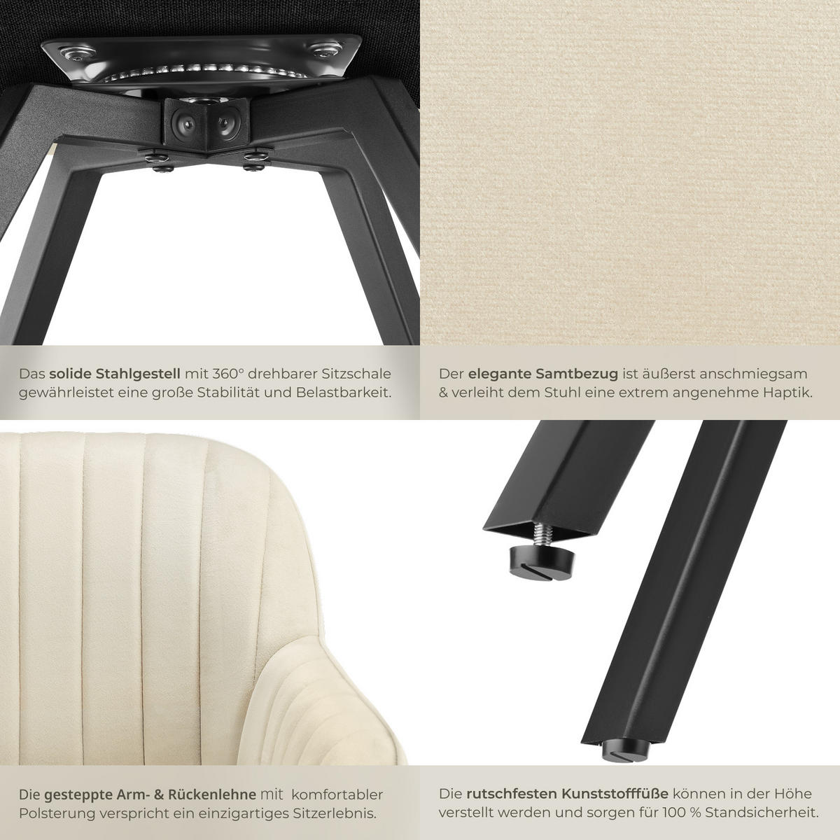 ARMLEHNSTUHL drehbarer 4er Set Snug 58 x 58 x 82 cm creme - Creme, Textil (58/82/58cm) - tectake