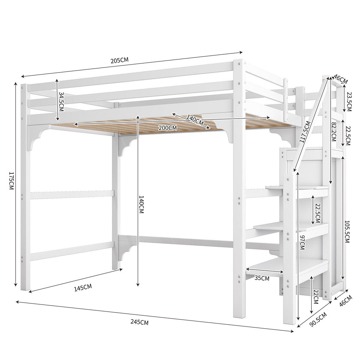 HOCHBETT 140/200 cm Weiß mit Kleiderschrank und Stauraumtreppe - Weiß, Holz (140/200cm) - Flora Grace