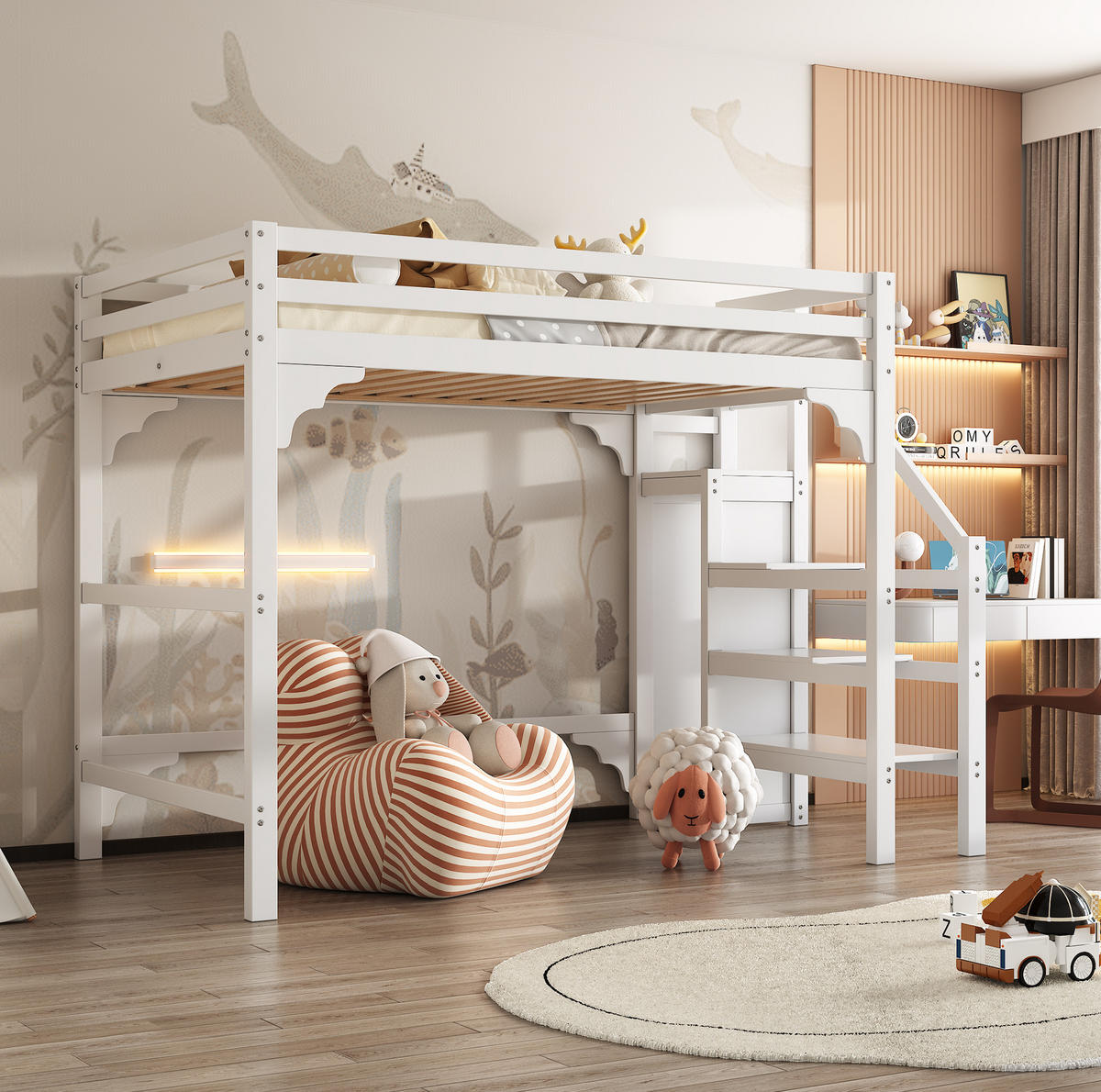 HOCHBETT 140/200 cm in Weiß – mit Stufentreppe, Kleiderschrank und Lattenrost - Weiß, Holz (140/200cm) - BEAOK