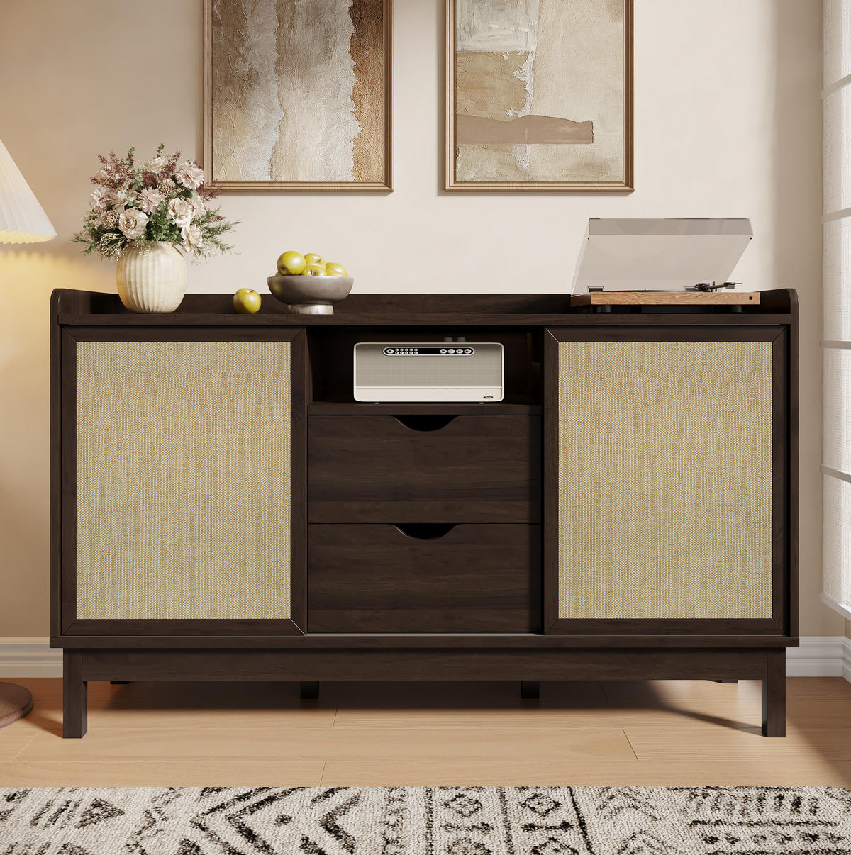 SIDEBOARD aus Spanplatte 150x39,5x80 cm Natur mit Schiebetüren, Schubladen und verstellbaren Einlegeböden - Walnussfarben, Holzwerkstoff (150/80/39.5cm) - IVMEU