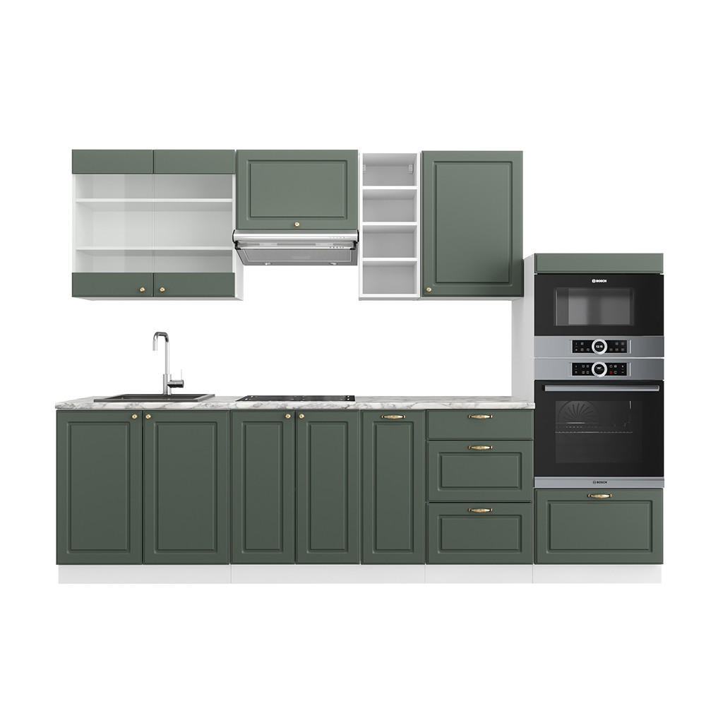 KÜCHENZEILE Fame-Line Grün-Gold Landhaus/Weiß 280 cm, AP Marmor - Weiß/Grün, Holzwerkstoff (280/81.6/60cm) - Vicco