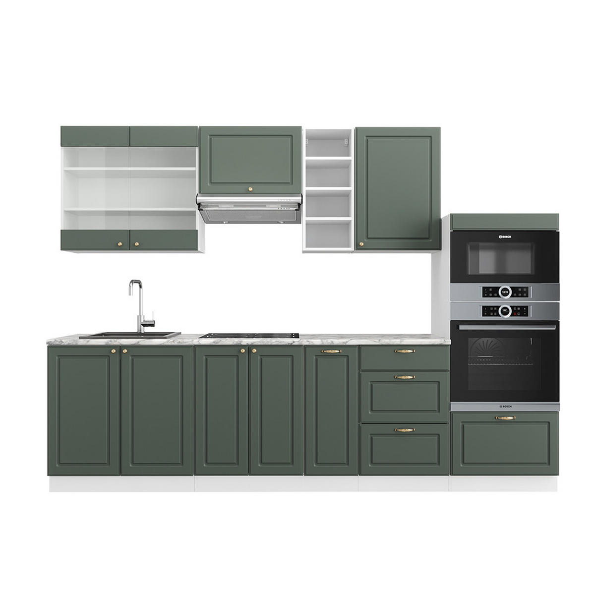 KÜCHENZEILE Fame-Line Grün-Gold Landhaus/Weiß 280 cm ohne AP - Weiß/Grün, Holzwerkstoff (280/81.6/46cm) - Vicco