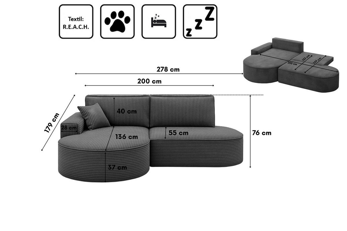 ECKSOFA Modena Pro - Komfort Und Stil Stoff Poso Graphit Links - Graphitfarben, Holz (179/278cm) - Kaiser Möbel