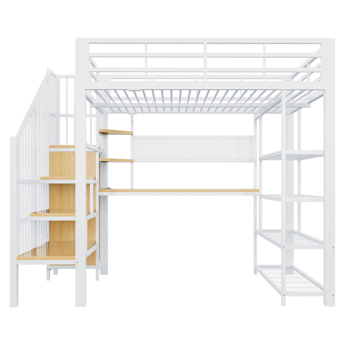 HOCHBETT 140/200 cm in Weiß mit Treppe, LED, Steckdosen und Regal - Weiß, Holzwerkstoff/Metall (140/200cm) - CHICFURN
