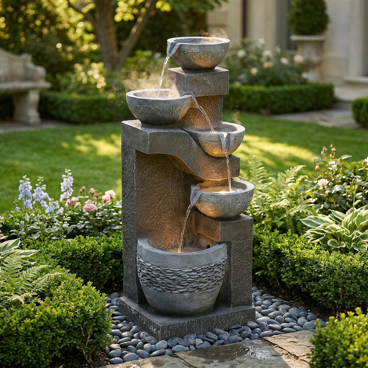 GARTENBRUNNEN, LED-Beleuchtung, Kunststein, Wasserspiel, Grau - Grau, Naturmaterialien (33.5/30.5/77.5cm) - FLIEKS
