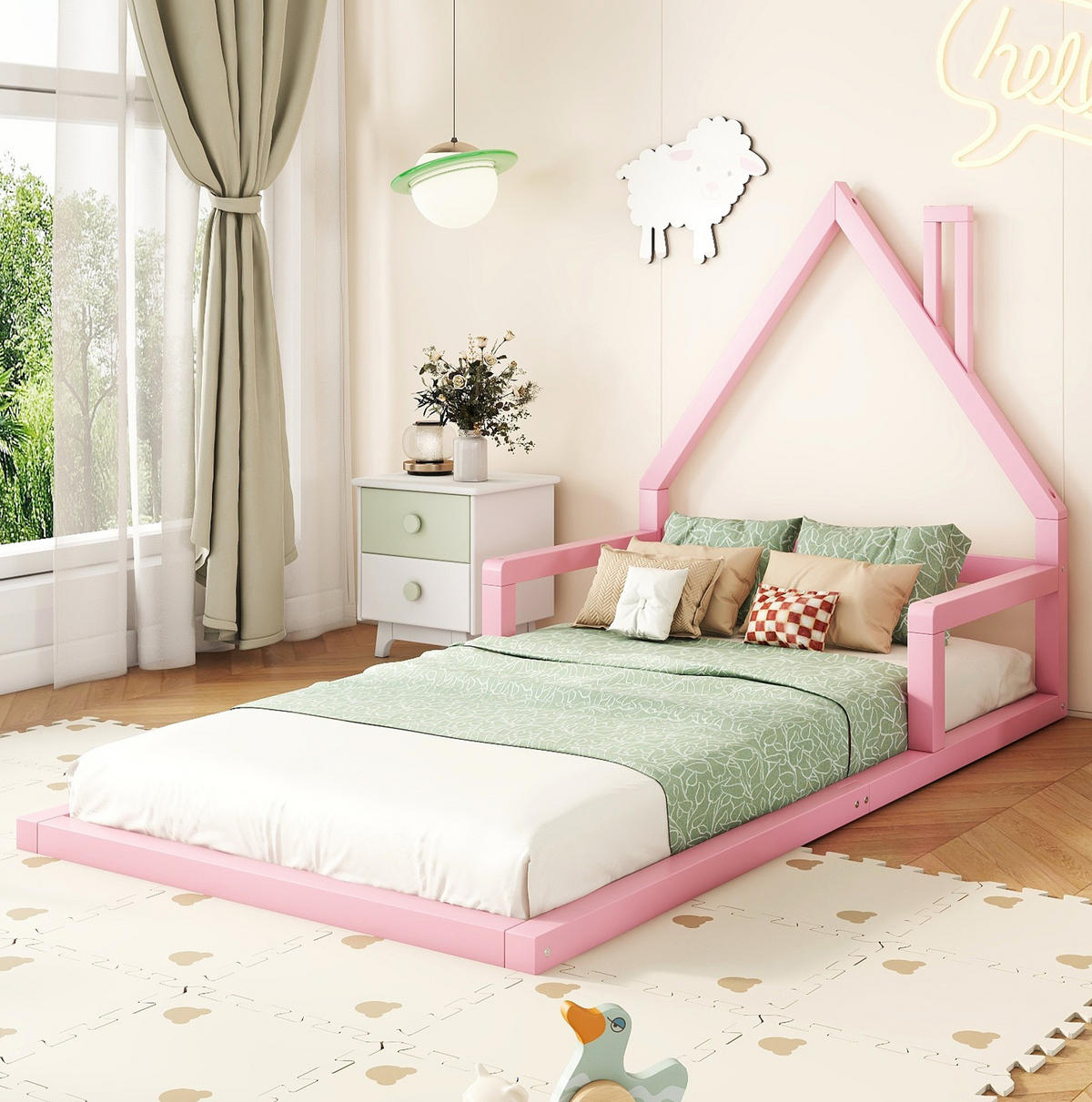 KINDERBETT 90/200 cm in Hausform aus massivem Kiefernholz in Rosa - Rosa, Holz (90/200cm) - BEAOK
