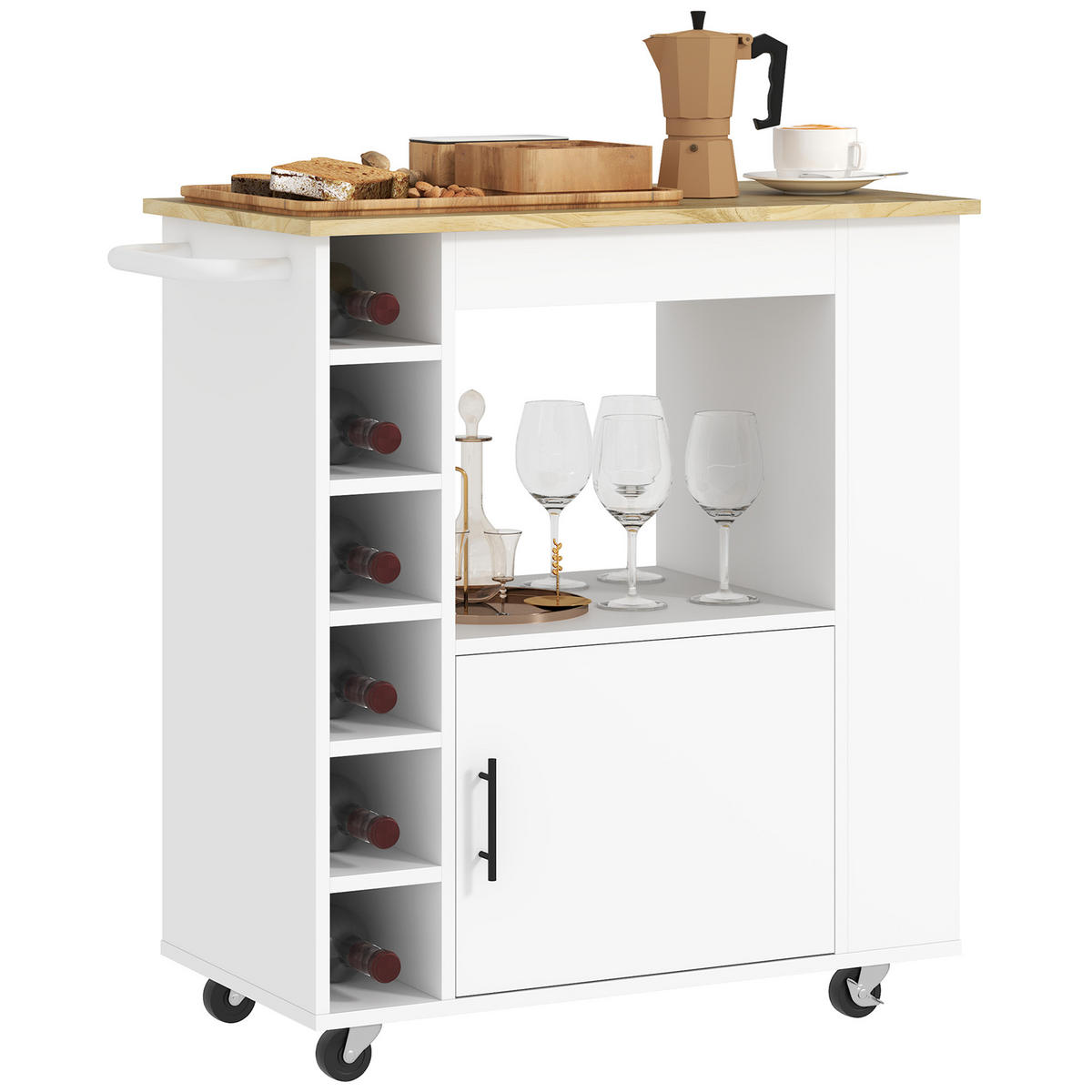 KÜCHENWAGEN, Rollbare Kücheninsel, mit Fächern, Weinregal, Schrank und Arbeitsfläche, Weiß - Ecru, Holzwerkstoff (40/83/83cm)