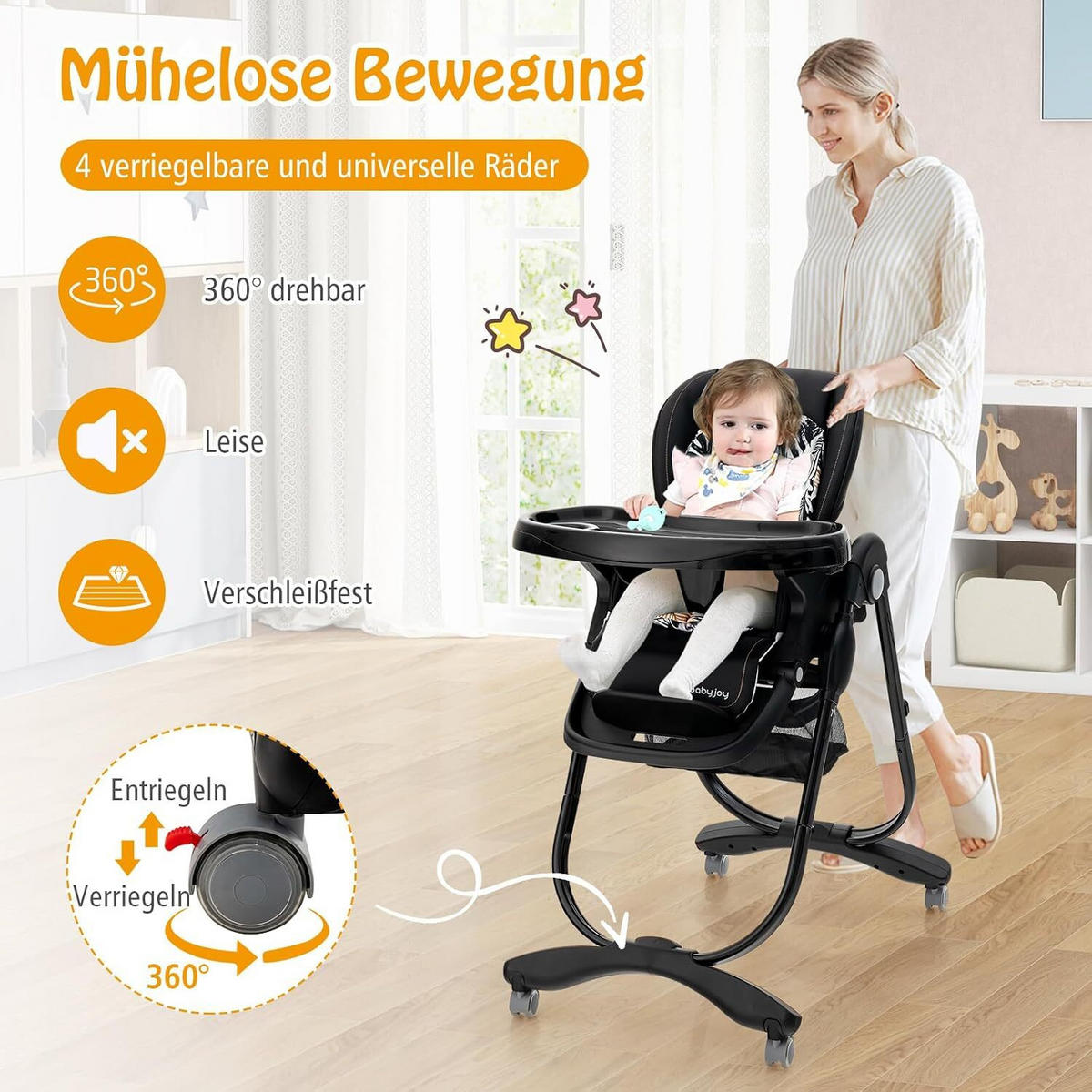 KINDERHOCHSTUHL Höhenverstellbar schwarz - Schwarz, Kunststoff (102/92/55cm) - COSTWAY