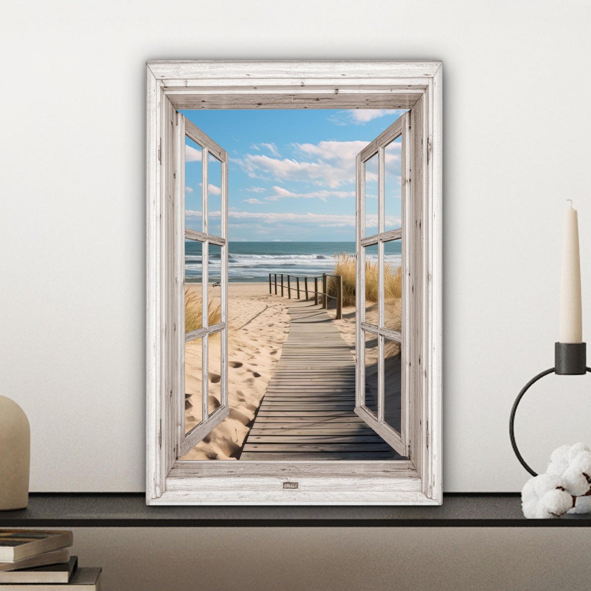 LEINWANDBILD Fenster - Meer - Küste - Natur - Ausblick - Strand - Wattenmeer 20x30 cm - Beige, Textil (20/30cm) - MuchoWow