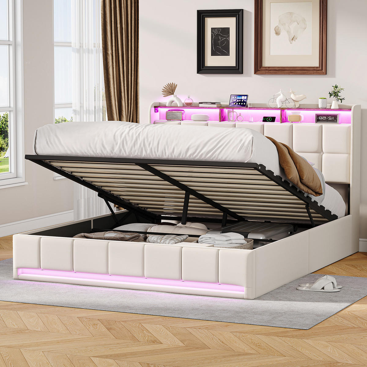POLSTERBETT 140x200cm Beiges Leinen Bett mit LED und Unterbettaufbewahrung - Beige, Textil (140/200cm) - CASIVA