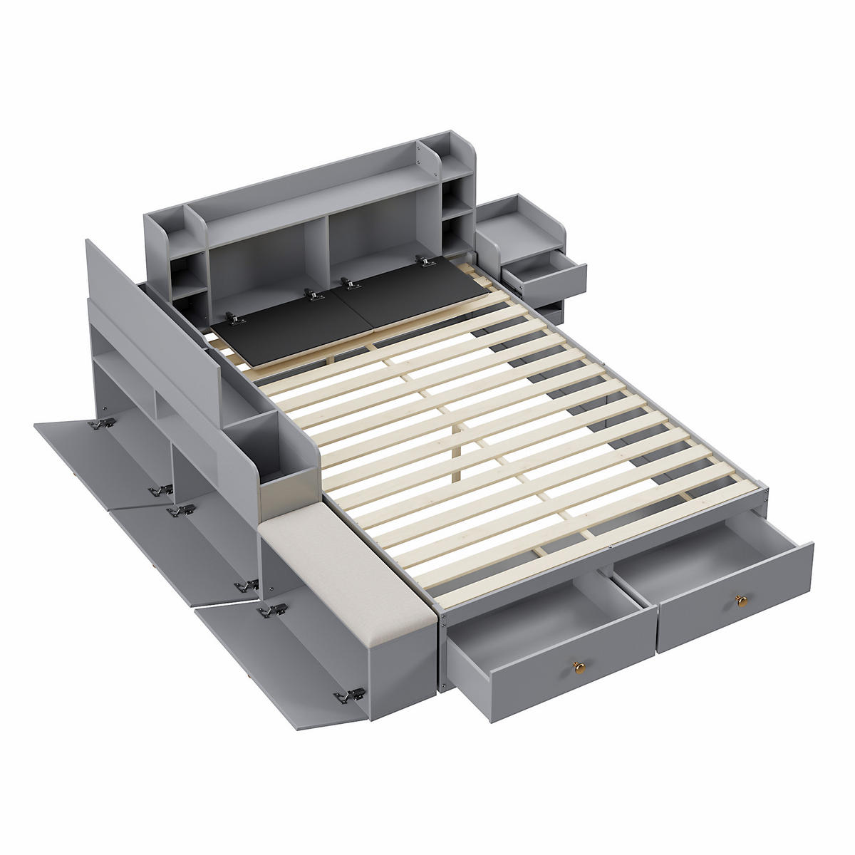 KOMBIBETT Massivholz 140/200 cm grau mit gepolstertem Kopfteil und Stauraum - Grau, Holz (140/200cm) - OKWISH