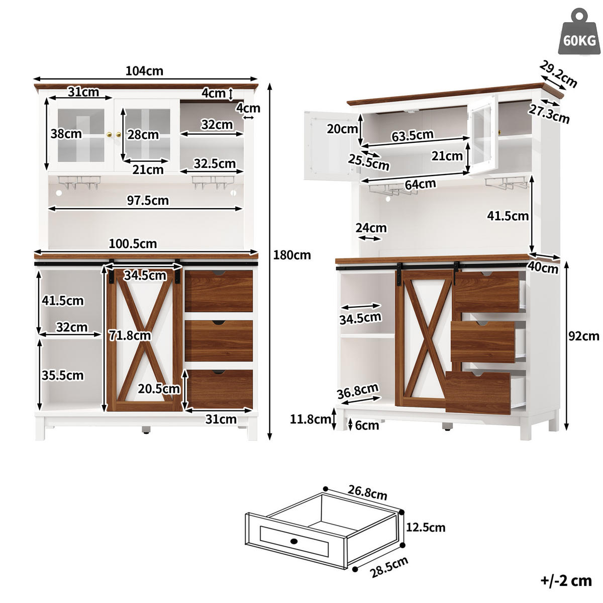 BUFFET 104/180/40 cm Weiß aus MDF, Metall und Glas mit LED-Beleuchtung - Weiß, Glas (40/180/104cm) - OKMYHOME
