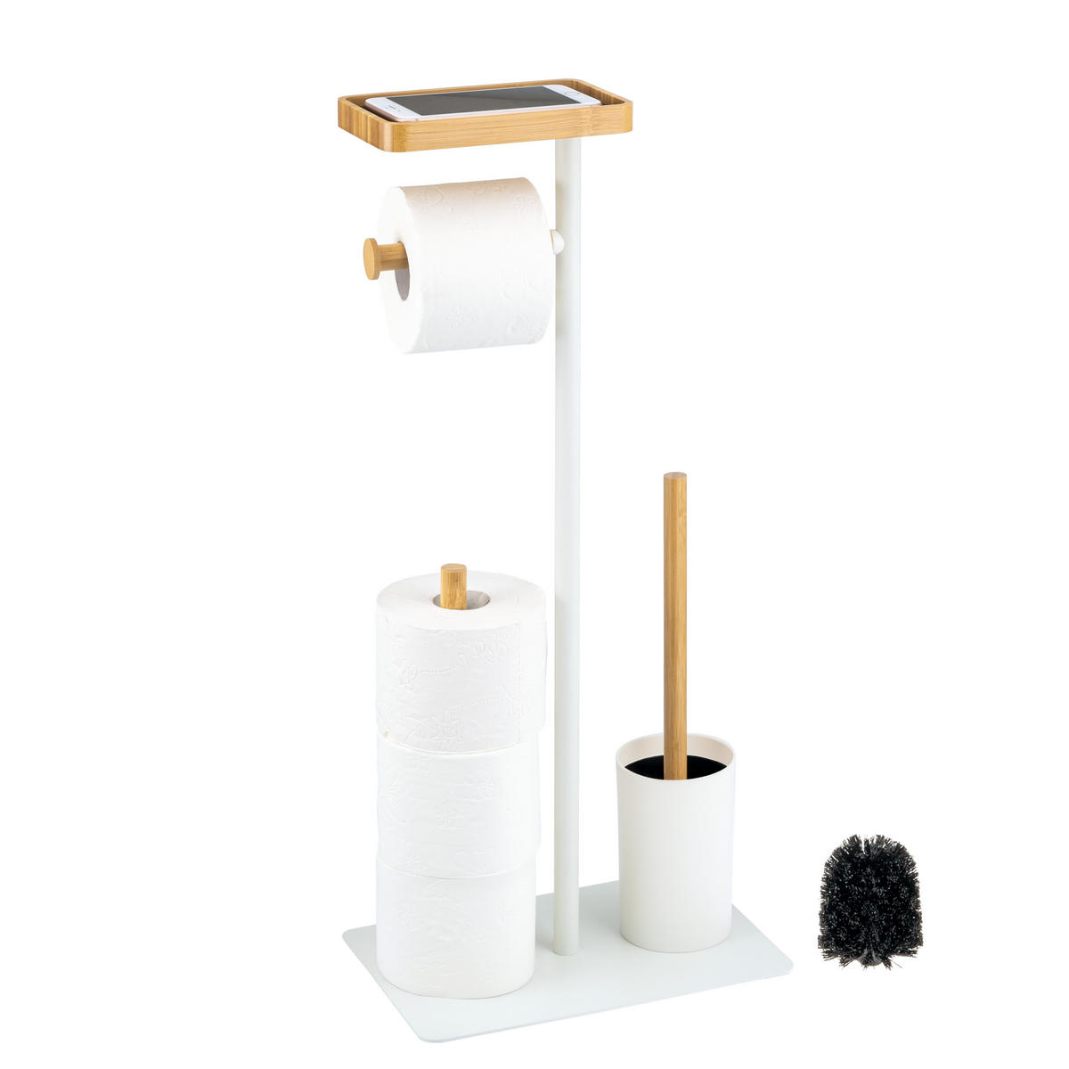 STAND-WC-GARNITUR 4in1, Bambus/Metall weiß - Weiß, Metall (30/68/18cm) - eluno