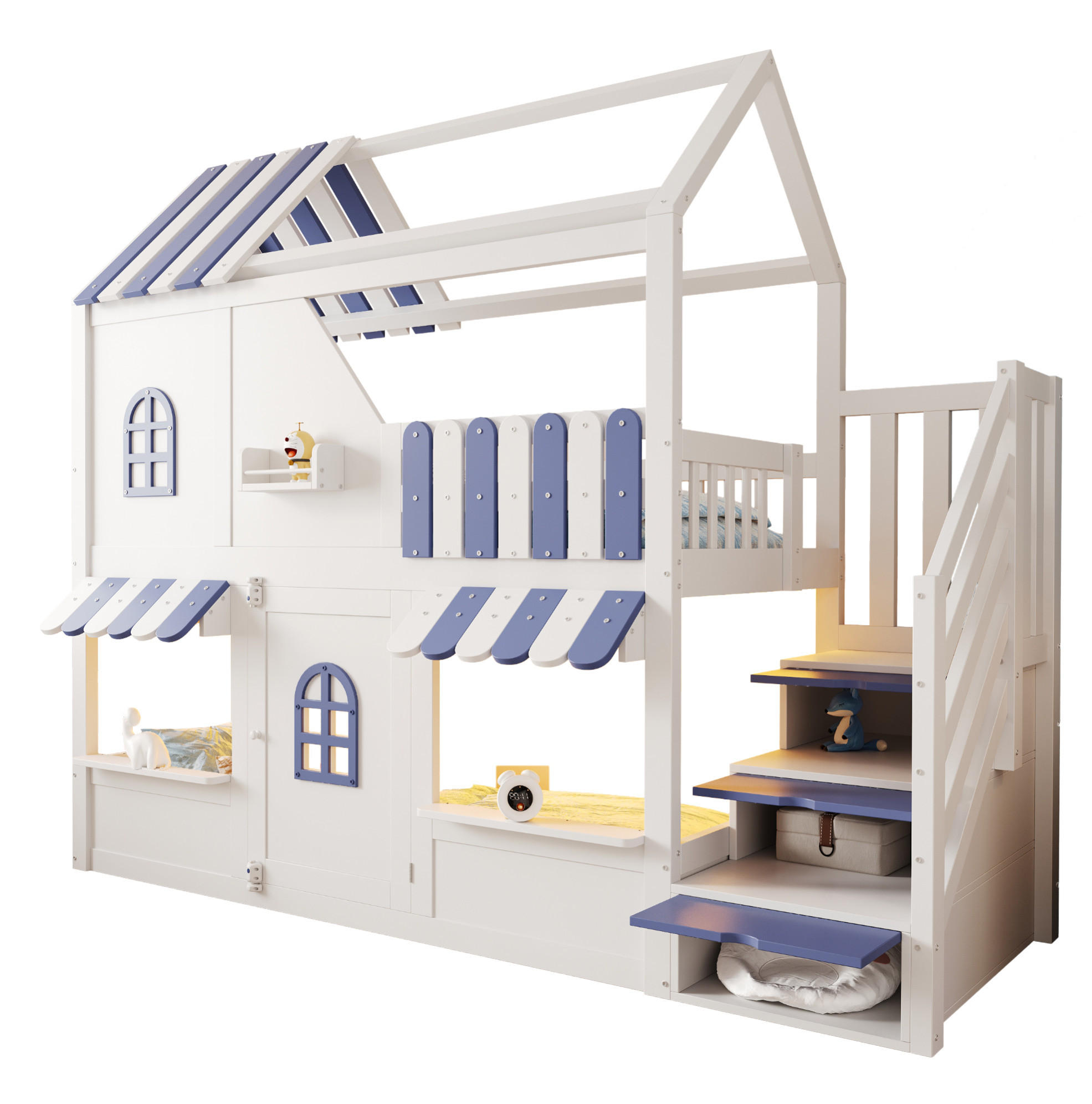 ETAGENBETT 90/200 cm mit LED, Stauraumleiter und Regalen im Hausdesign, Weiß/Blau - Weiß, Holzwerkstoff (90/200cm) - Redom