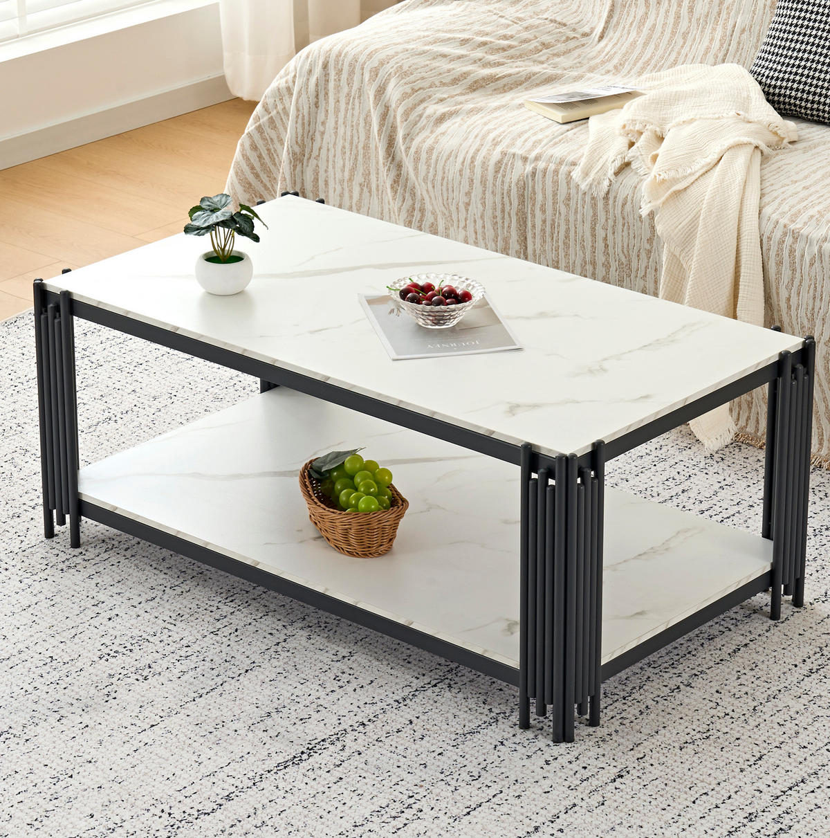 COUCHTISCH 64/114/46 cm mit 2 Ablagen, Marmoroptik und Metallgestell, Weiß/Schwarz - Schwarz, Holzwerkstoff (114/64/46cm) - Redom