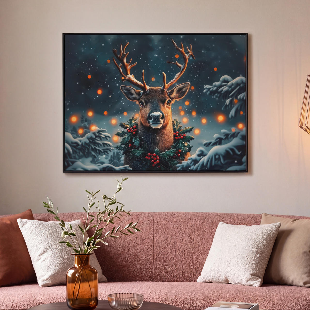 LEINWAND Bilder mit Rahmen - Hirsch - Weihnachten - Winter - Schnee - Weihnachtskranz - 100x70 - Dunkelbraun, Textil (100/70cm) - MuchoWow