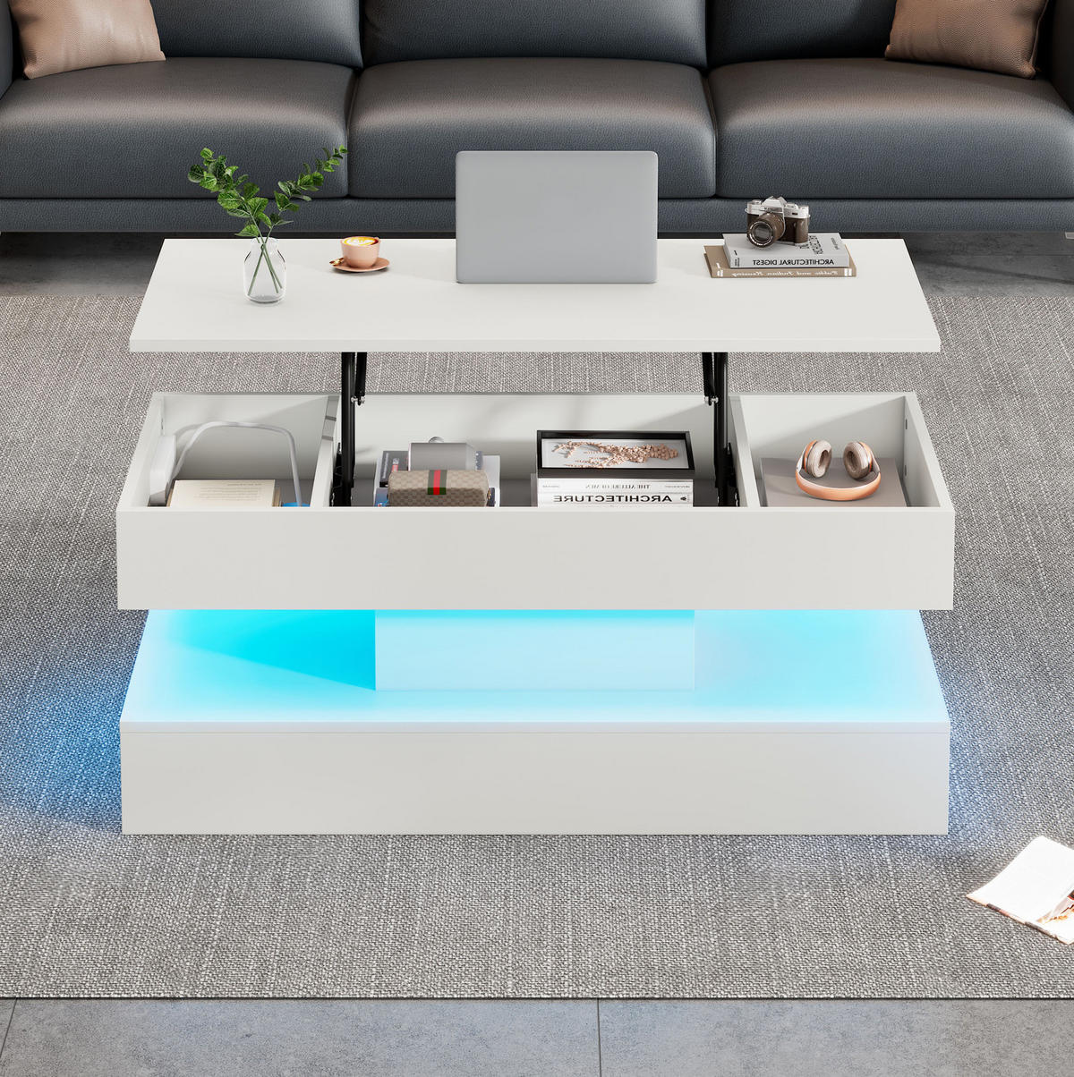 COUCHTISCH aus Spanplatte 100x50x42 cm Weiß mit LED-Beleuchtung, Hubplatte, Stauraum und Steckdosen - Weiß, Holzwerkstoff (100/50/42cm) - IVMEU