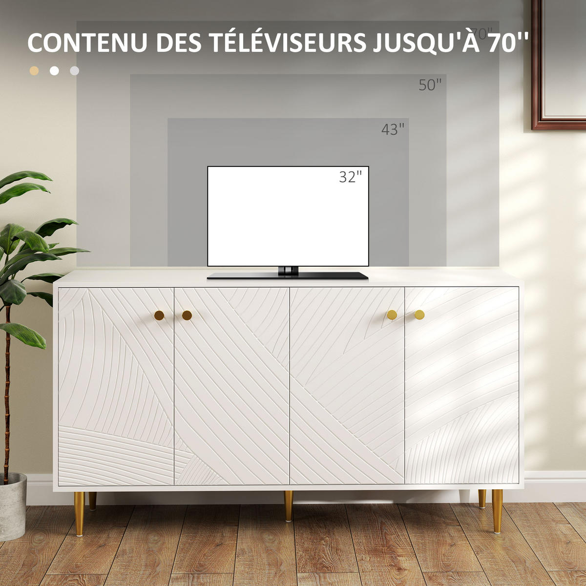 SIDEBOARD DE-11145 Mit verstellbaren Böden & Goldakzenten Weiß - Weiß, Holzwerkstoff (140/77.5/35cm) - ComfortXL