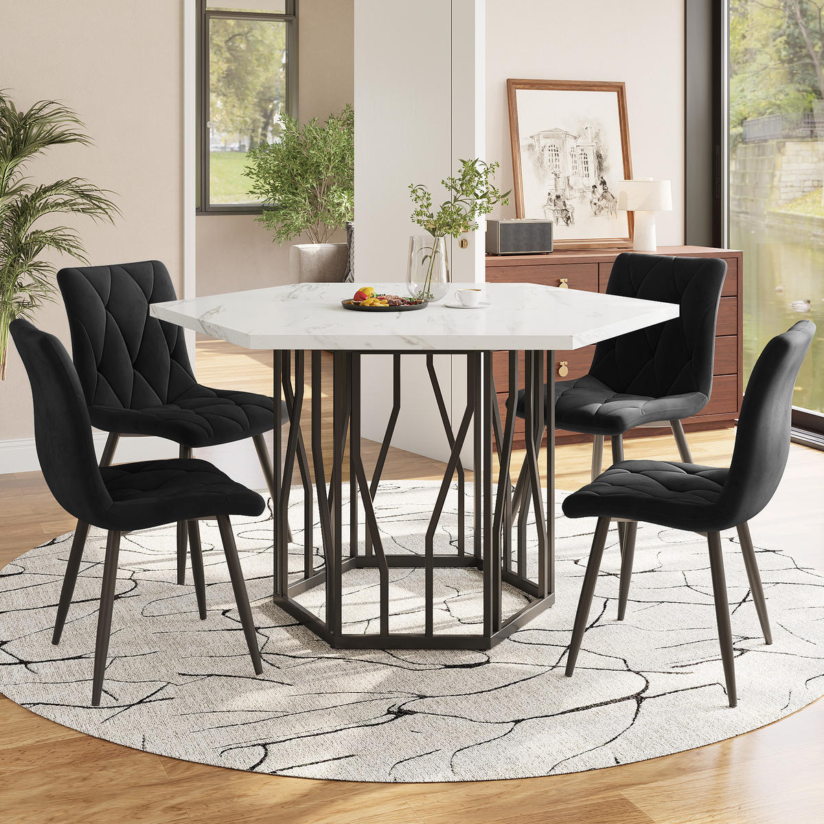 ESSTISCHSET 5-Teilig Sechseckig Marmor, 4 Schwarze Samtstühle - Schwarz, Metall (115.5/75/100cm) - FLIEKS