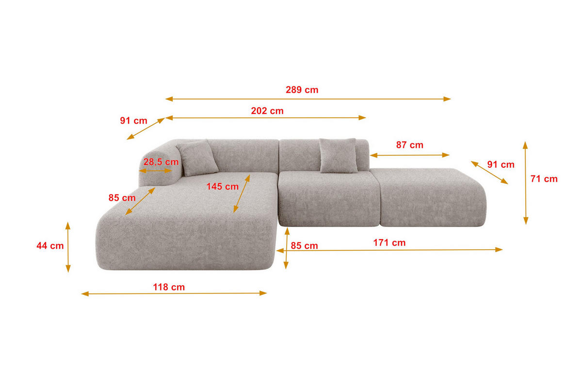 ECKSOFA Ottomane Links OVLY-L 289x176x71 Hellgrau Chenille - Hellgrau/Schwarz, Holzwerkstoff/Kunststoff (176/289cm) - ALTDECOR