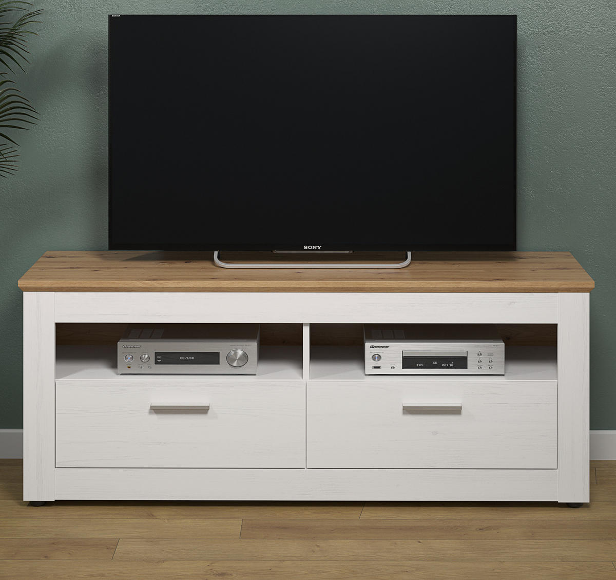TV-LOWBOARD Pinie weiß, Eiche Artisan Landhaus 148 x 59 cm, Fernsehtisch in Komforthöhe - Silberfarben/Schwarz, Holzwerkstoff/Kunststoff (148/59/45cm) - Top.Furn
