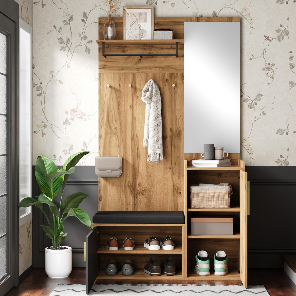 GARDEROBE mit Spiegel und Sitzbank 100 x 38 x 185 cm Eiche-Schwarz - Schwarz, Holzwerkstoff (38/185/100cm) - Beauniv