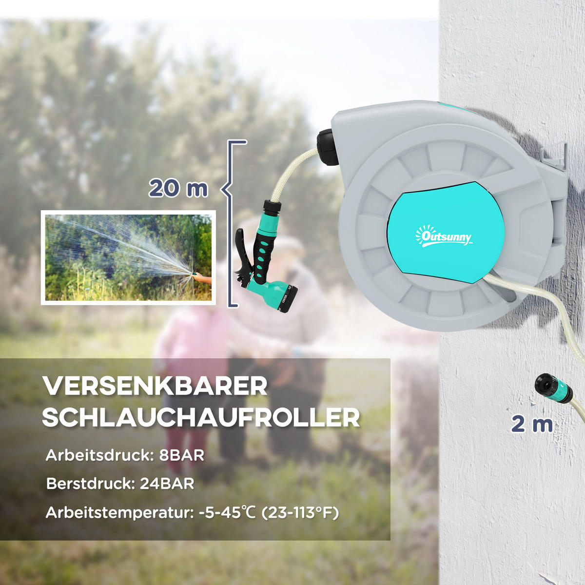 SCHLAUCHTROMMEL mit Gartenschlauch 20m - Grau, Kunststoff (21/41.5/55cm) - Outsunny