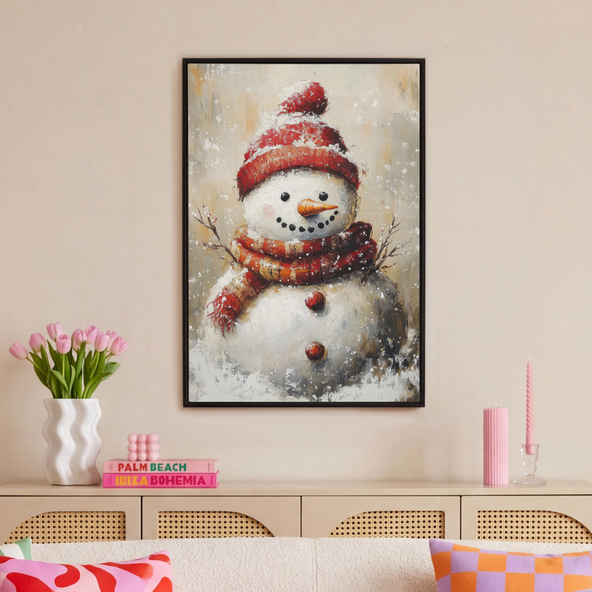 LEINWAND Bilder mit Rahmen - Schneemann - Winter - Schnee - Beige - 60x90 - Weiß, Textil (60/90cm) - MuchoWow