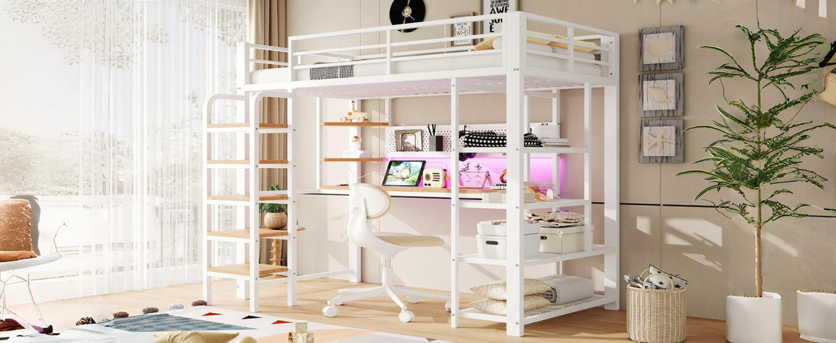 HOCHBETT 90/200 cm in Weiß mit LED, Steckdose, Schreibtisch und Ablagefächern aus Metall und Holz - Weiß, Holzwerkstoff/Metall (90/200cm) - CHICFURN