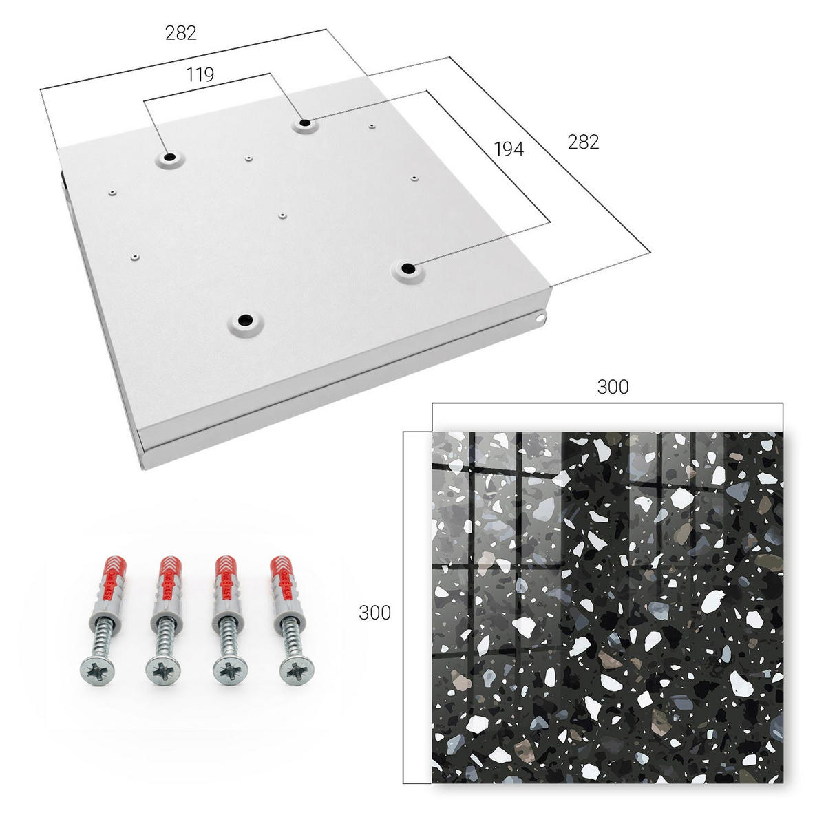 SCHLÜSSELBOX Weiß 30x30 cm – Türöffnung nach rechts - Stilvolles Mosaik - Schwarz, Metall (30/30/5cm) - TULUP