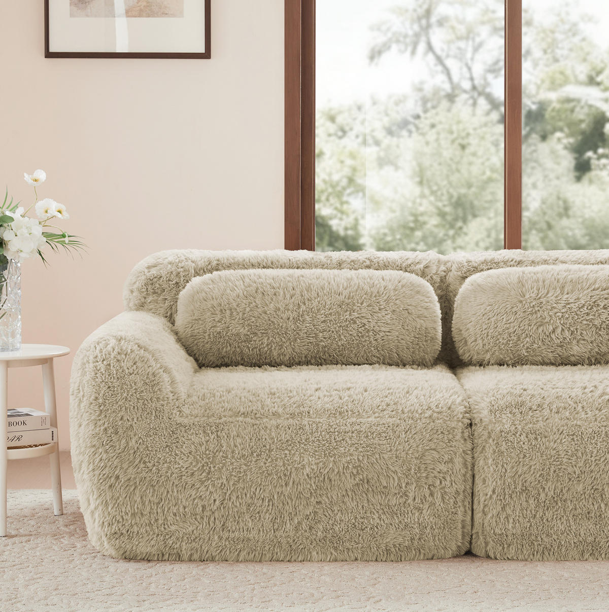 ECKSOFA 291/179/73 cm Hellkhaki aus Plüsch mit U-Form, rutschfester Basis und Kissen - Beige, Textil (179/291cm) - OKWISH