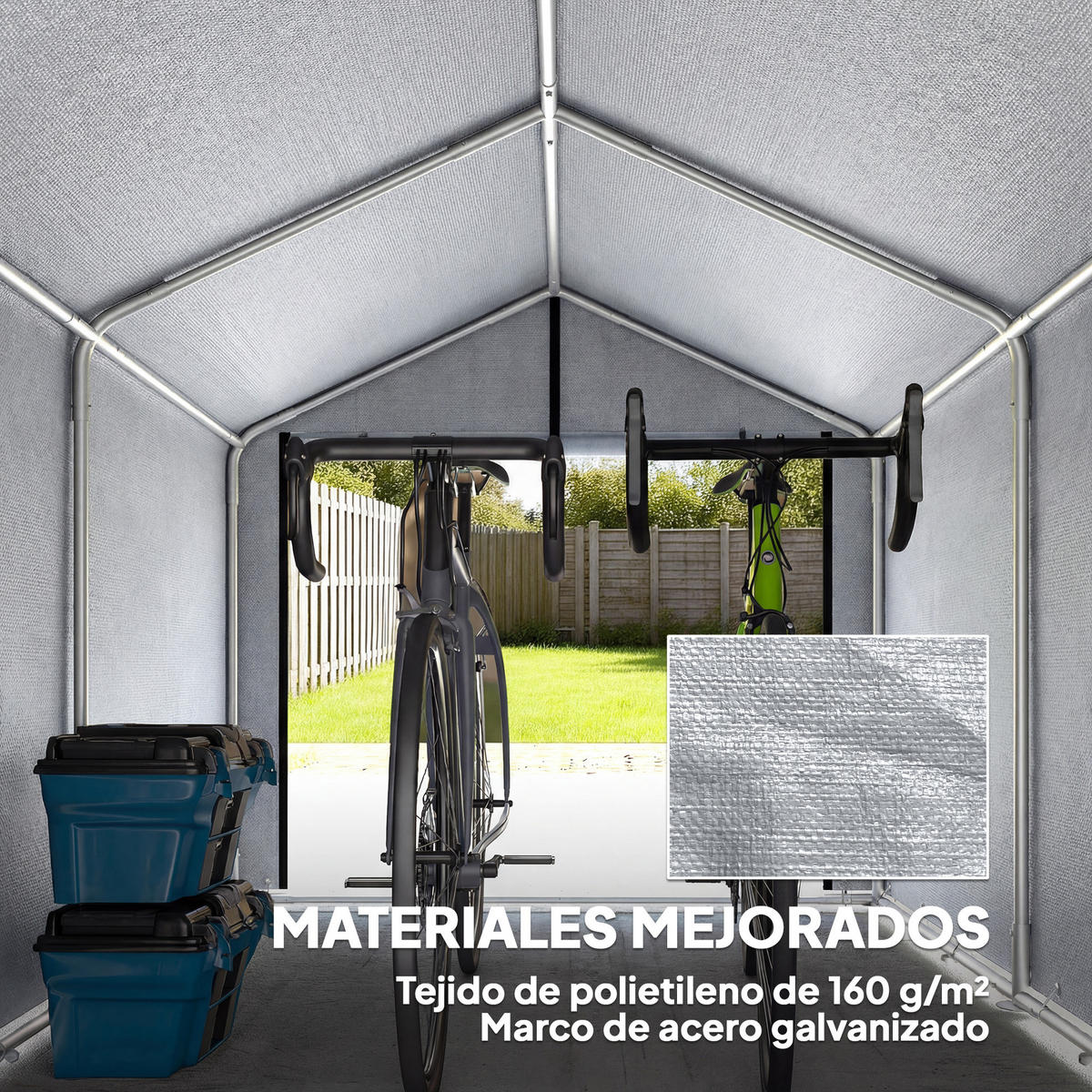 GARTENHAUS für Werkzeug und Fahrräder, mit verzinktem Stahlrahmen und Rolltor, 221.5*162*163cm ,grau - Hellgrau, Metall (162/163/221.5cm) - Vallsero