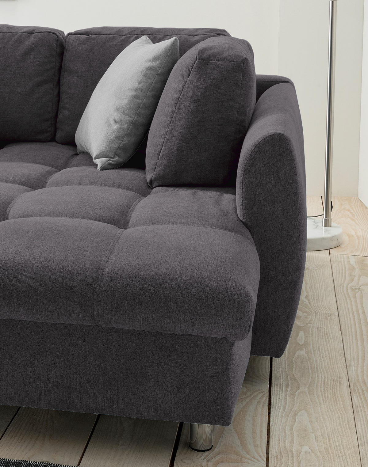 ECKSOFA mit Schlaffunktion, Wellenunterfederung, Ottomane rechts B250/T190/H84 cm, Liegefl. 179x190 cm, Mikrofaser Anthrazit / 17007 - Chromfarben/Anthrazit, Textil/Metall (250/190cm) - luma-home