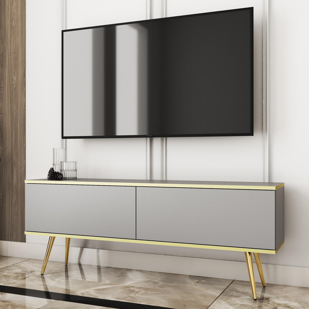 TV-LOWBOARD FORNO (Grau, Goldene Details, 2 Türen, goldene Metallfüße, 135 cm) - Gelb/Goldfarben, Holz/Holzwerkstoff (135/53/32cm) - Ravio