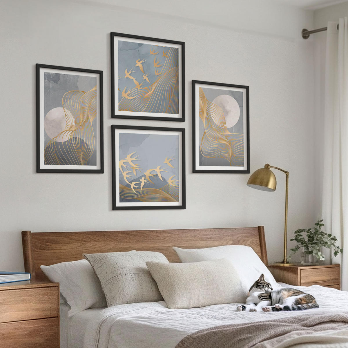 WANDBILDER 4er-Set - 50x50 cm & 40x60 cm Schwarzer Rahmen - Abstrakte Wellenkreise, grau - Schwarz, Kunststoff (50/50cm) - ArtPrintCave