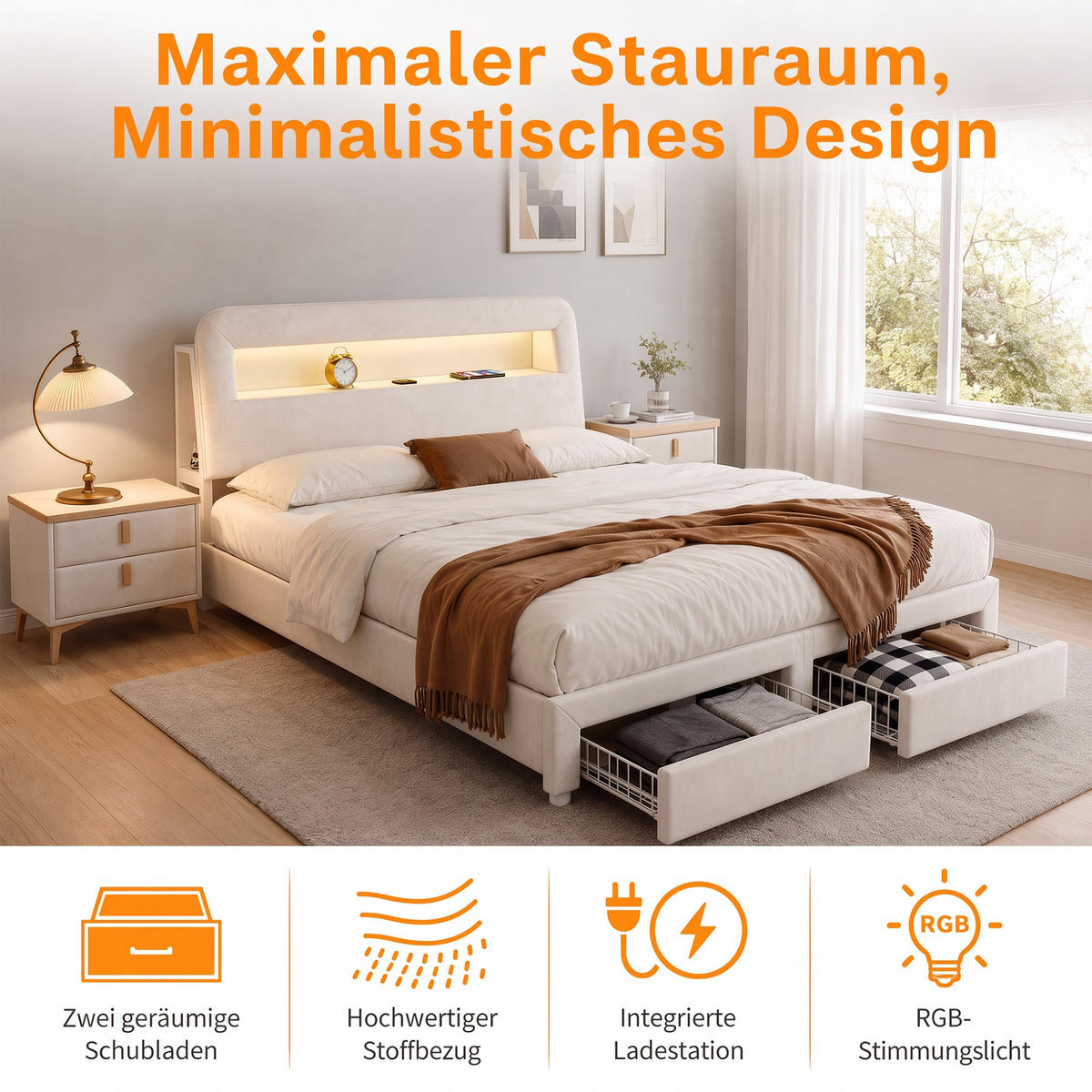 POLSTERBETT 140x200 cm, USB und LED, mit 2 Schubladen, Doppelbettrahmen 140x200 cm, Samt in Cremeweiß - Beige, Holzwerkstoff/Textil (140/200cm) - GENKI LIVING