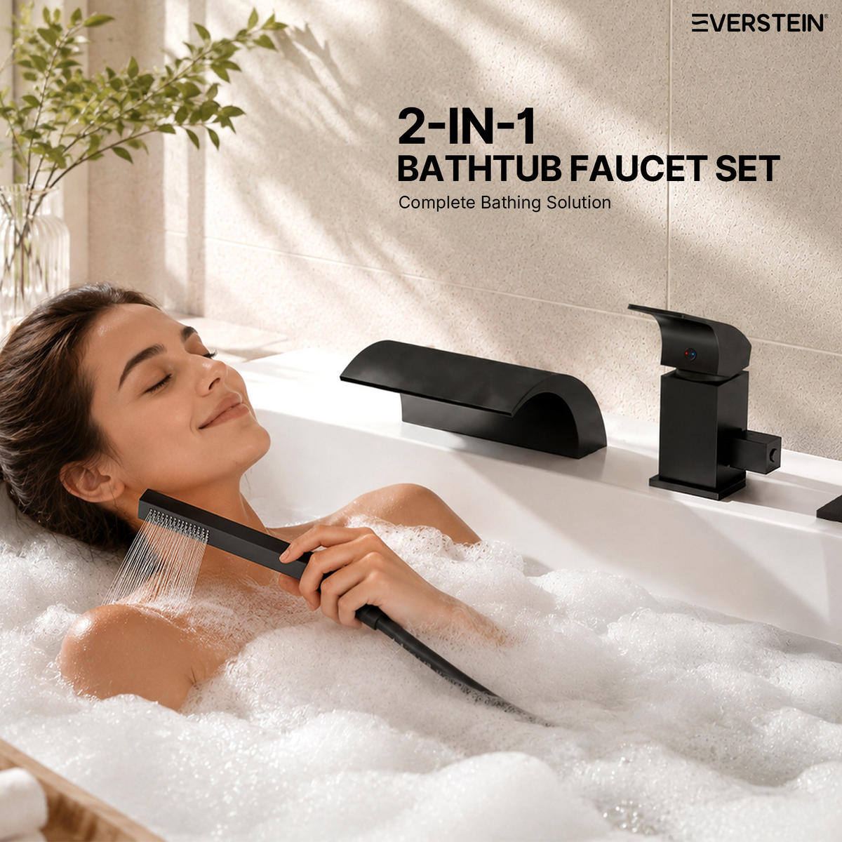 BADEWANNENARMATUR SFS-5004 Schwarz Matt, 3-Loch, Wasserfallauslauf 180 mm, Handbrause 200 mm, Einhebel - Schwarz, Metall (9/20/18cm) - Everstein