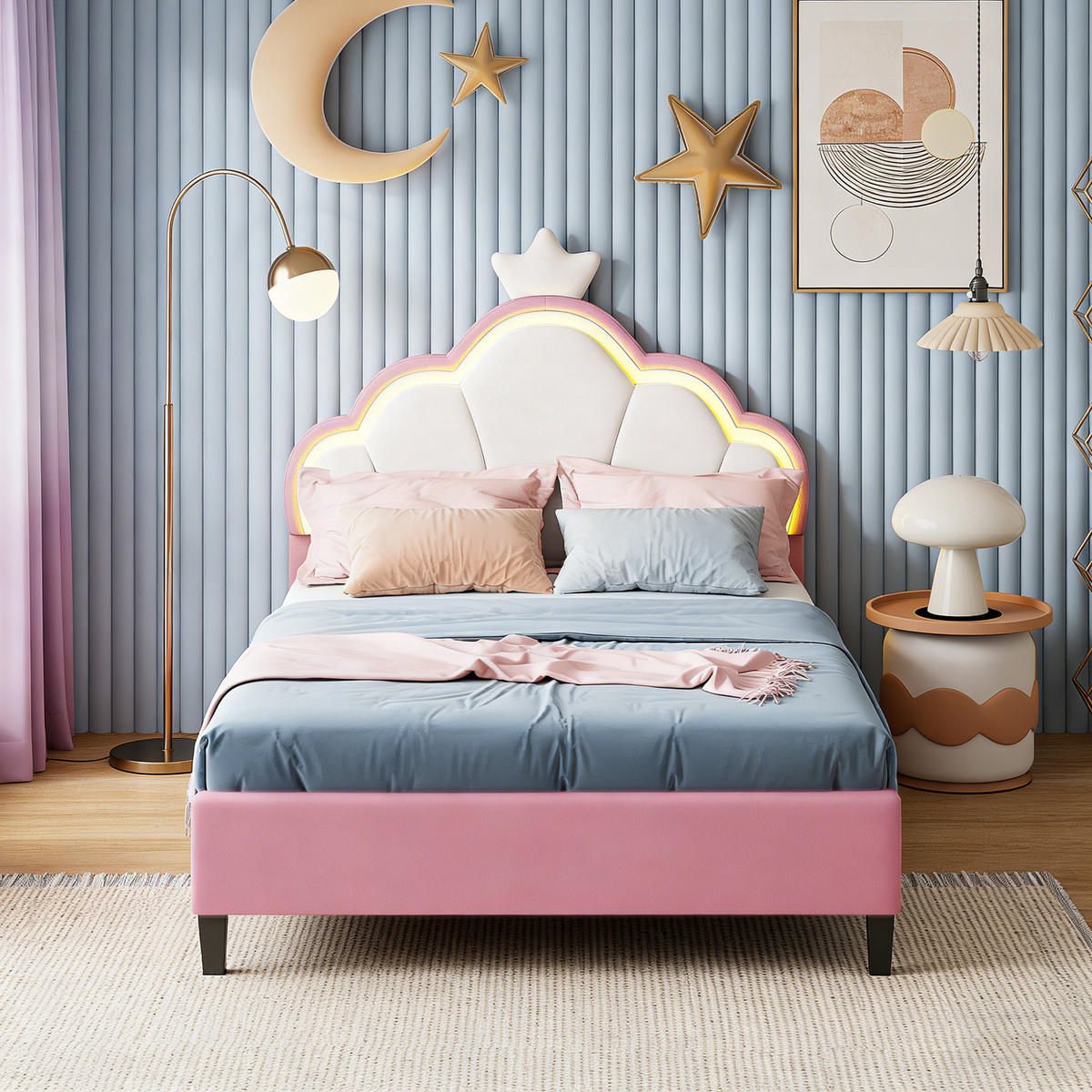 POLSTERBETT 90x200, Kinderbett mit Kopfteil und Lattenrost, LED, Samt, Rosa - Rosa, Holz/Textil (90/200cm) - GENKI LIVING