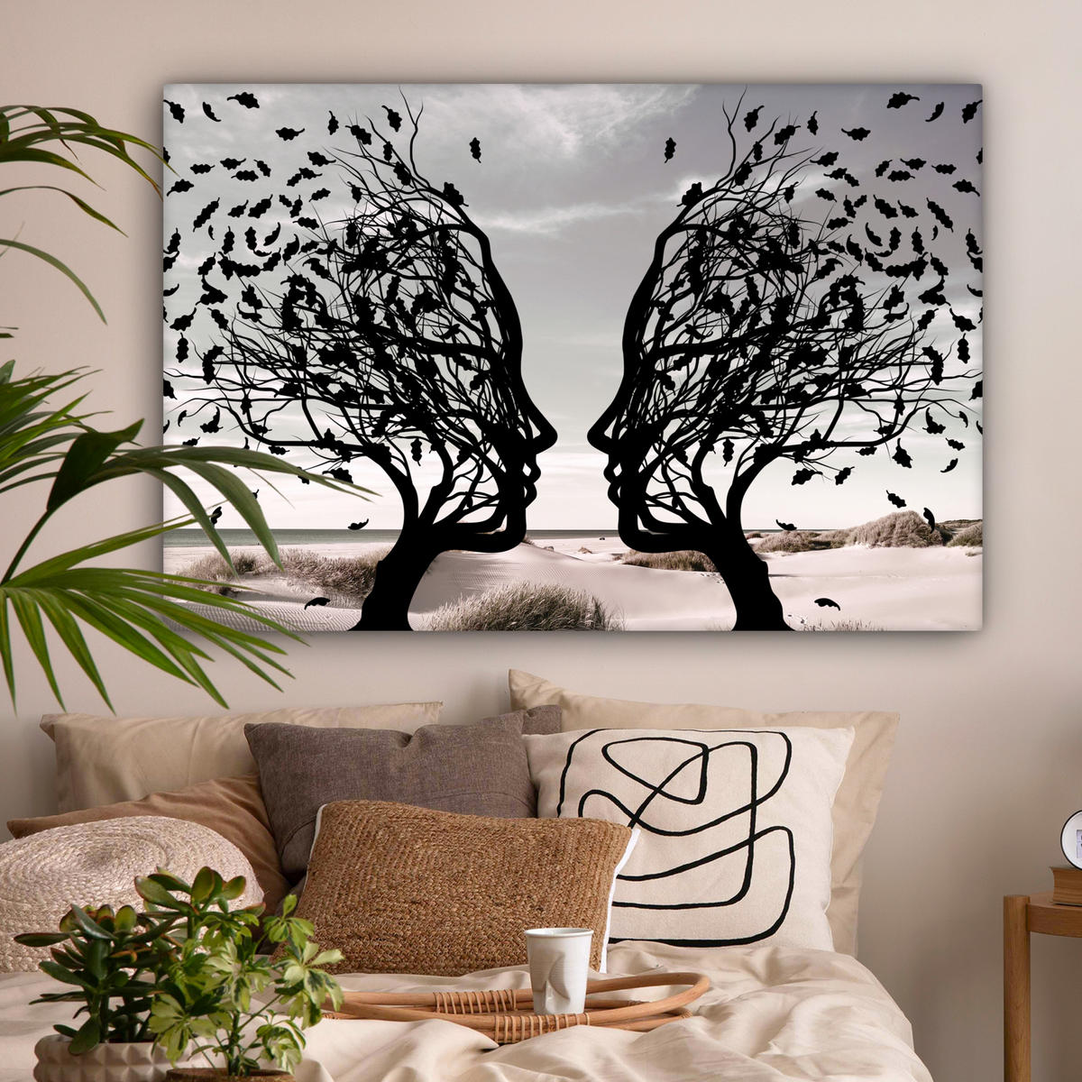 LEINWANDBILD Strand - Meer - Menschen - Baum - Moderne Kunst 150x100 cm - Hellgrau, Textil (150/100cm) - MuchoWow