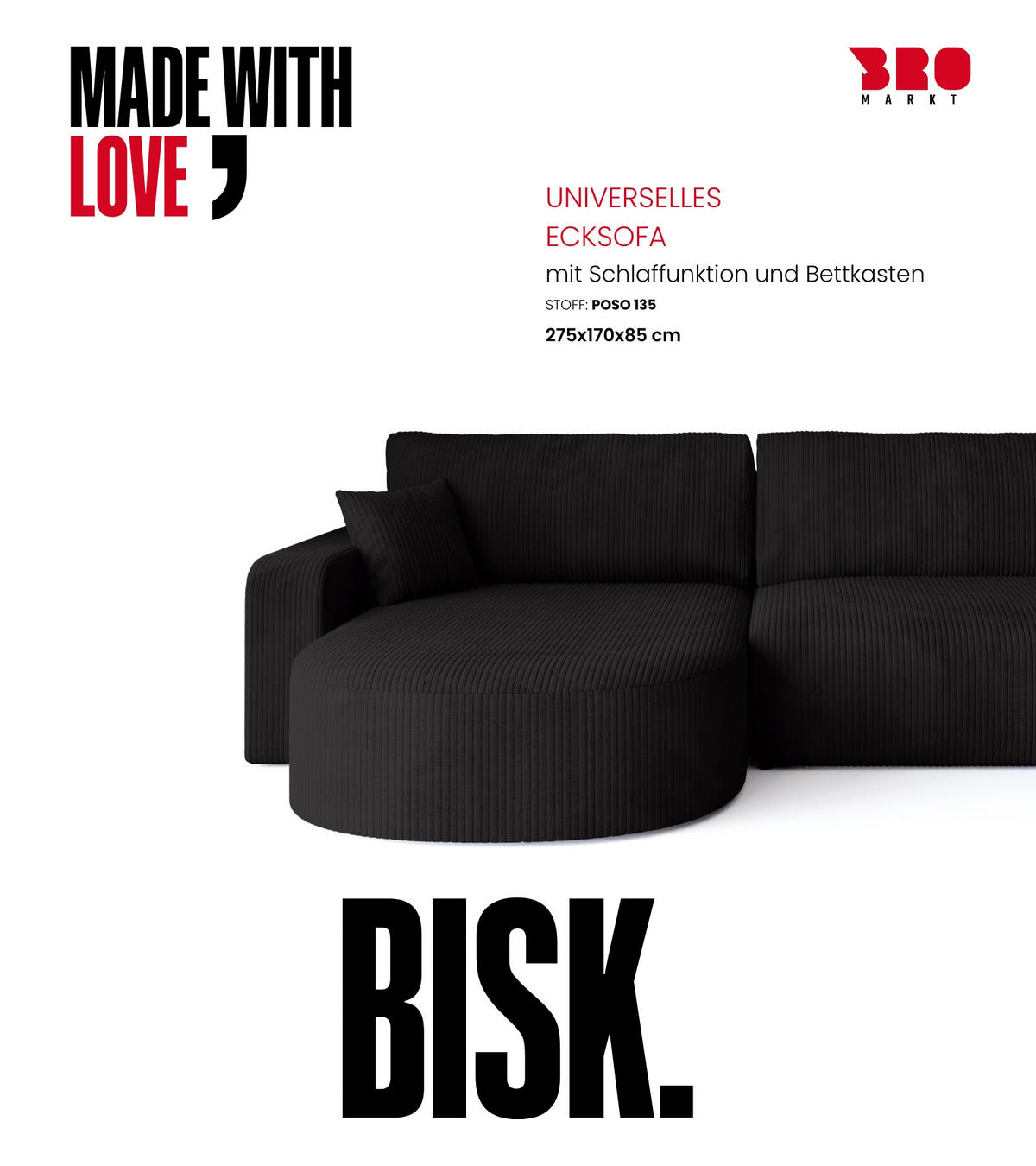 ECKSOFA Bisk mit Schlaffunktion Schwarz Cordstoff - Schwarz, Textil (275/170cm) - Bromarkt