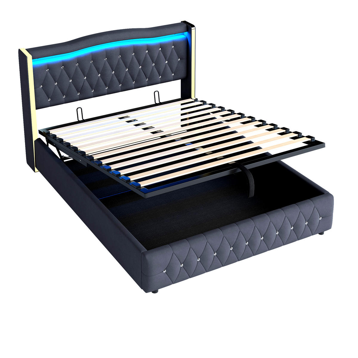 POLSTERBETT 140/200 cm schwarz mit farbwechselnder LED-Beleuchtung und hydraulischem Stauraum - Schwarz, Textil (140/200cm) - OKWISH