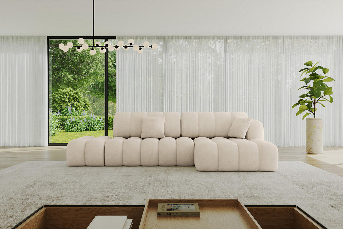 ECKSOFA mit Schlaffunktion Ottomane RECHTS OLEA-L2 321x164x75 Beige Velours - Sandfarben/Schwarz, Holzwerkstoff/Kunststoff (164/321cm) - ALTDECOR