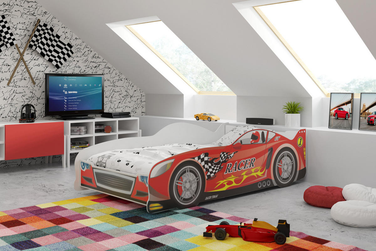 AUTOBETT Kinderbett Cars 160x80cm - Rot, Holzwerkstoff (80/160cm) - Interbeds